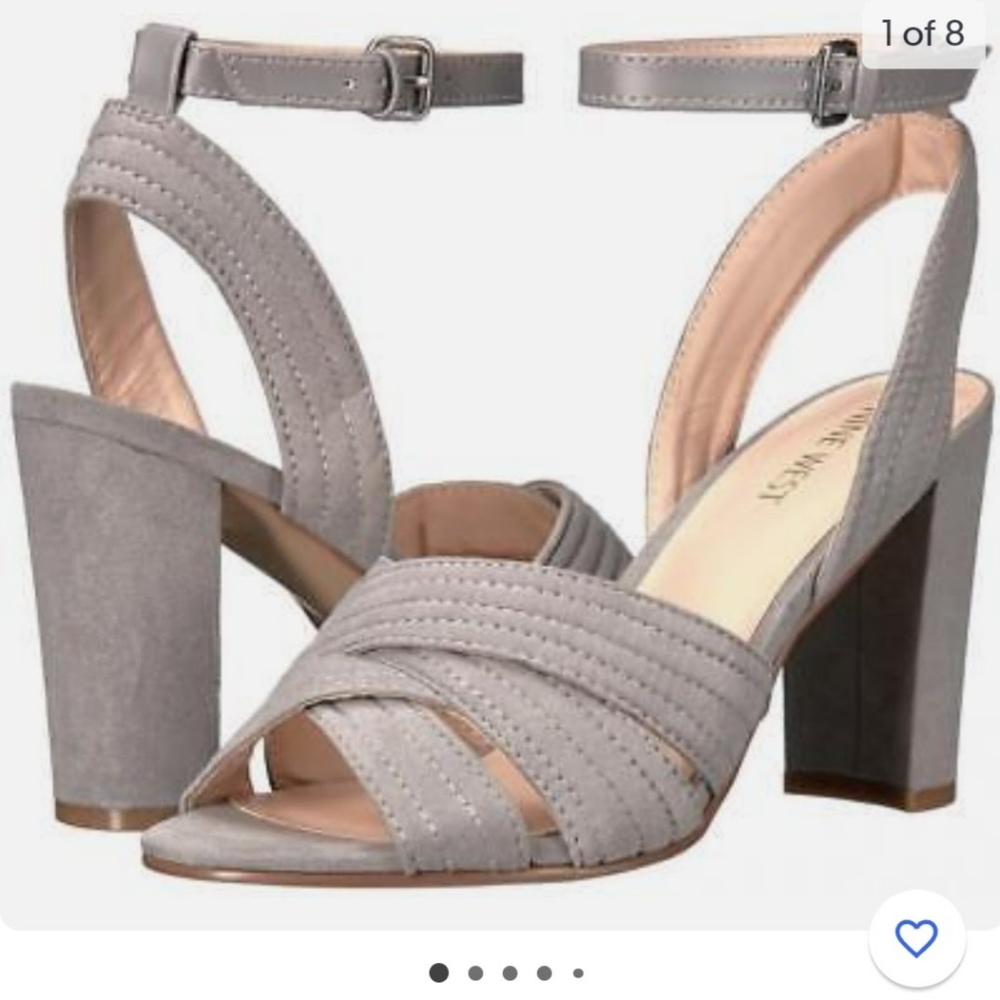 Nine West Niaria 10 Gray Grey Cross Sandals Suede Party Block Heel